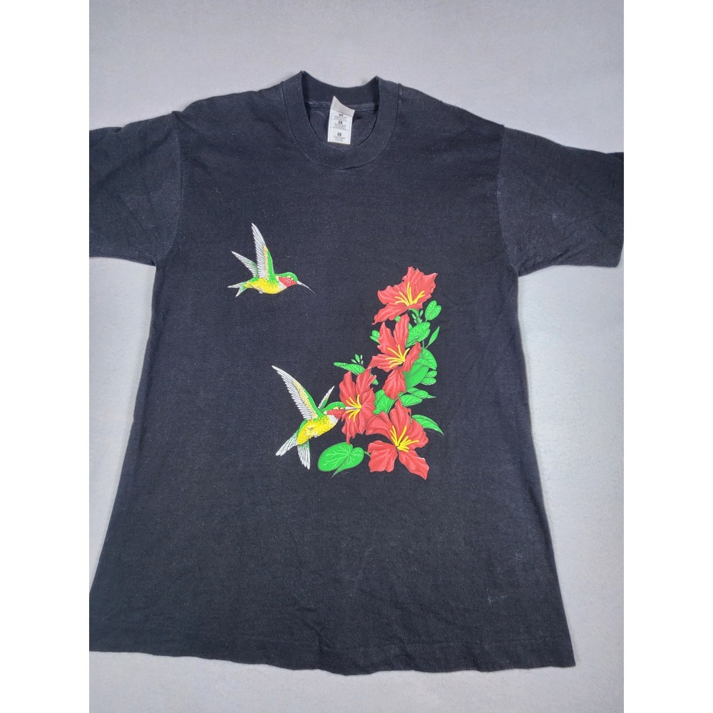 Vintage Fruit of the Loom Hummingbird Hibiscus T-Shirt Black Large Nature Tee